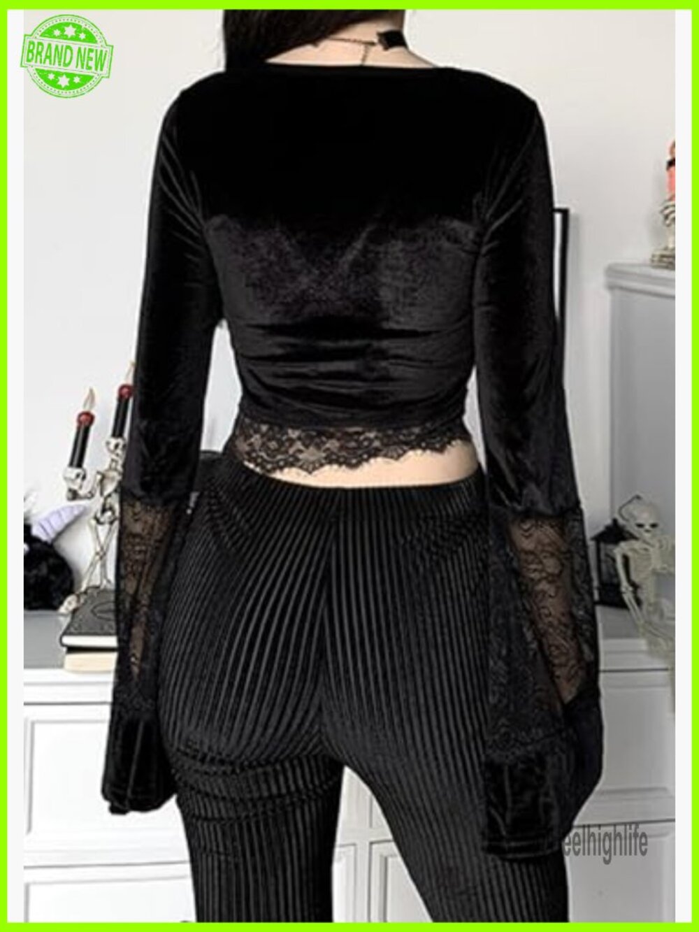 Gothic Velvet Lace Patchwork Crop Top - Long Sleeve V Neck Dark Style - Picture 2 of 7